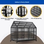 House-shaped dark metal dog kennel with pitched roof, shown with close-ups of secure latch, smooth joints, and paw-safe bar spacing—designed for pet safety.