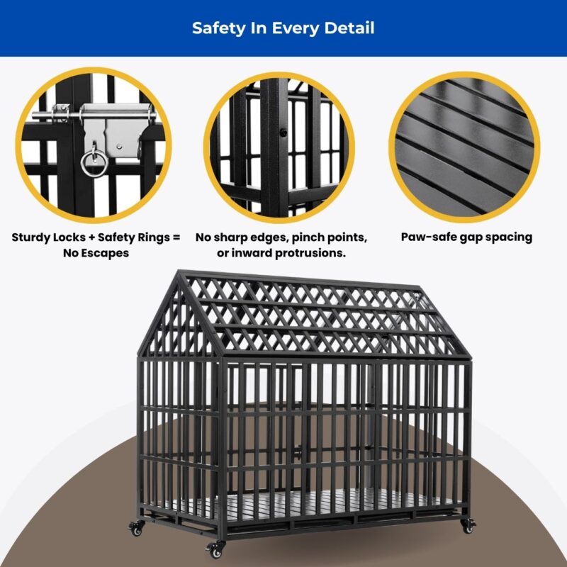 House-shaped dark metal dog kennel with pitched roof, shown with close-ups of secure latch, smooth joints, and paw-safe bar spacing—designed for pet safety.