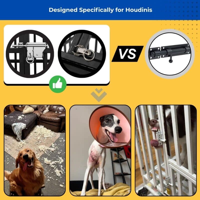 Dog crate ad comparing strong and weak latches with escape-prone dog scenarios, showing destruction, injury, and escape attempts—designed for "Houdini dogs."