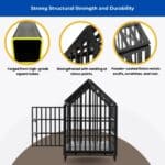 Dark house-shaped metal dog crate with pitched roof, shown with insets highlighting welded joints, thick square tubing, and powder-coated finish for durability.