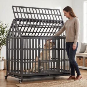 The hinged top panel opens upward for overhead access to the kennel, while the smaller front feeding door provides a separate opening for reaching the dog without opening the full-size front door.