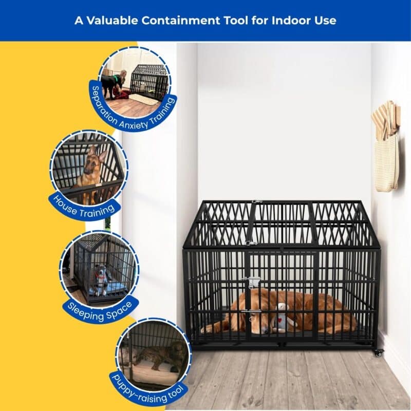 Indoor dog crate with A-frame roof and sleeping dog, shown with insets highlighting crate training, house training, sleep space, and puppy use.