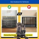 Comparison of pitched-roof vs. flat-roof dog crates with Great Dane; pitched roof offers more headroom and airflow, ideal for tall breeds.