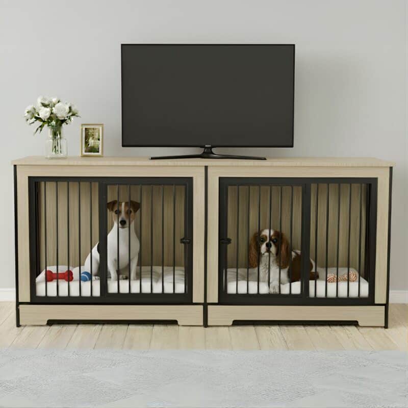 A modern, light wood double dog crate furniture console used as a TV stand, with a Jack Russell and a Cavalier King Charles Spaniel resting inside on white mats.