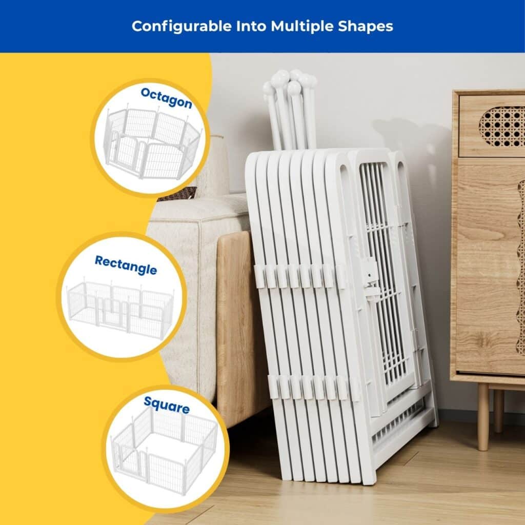 Foldable white dog playpen stored compactly beside a sofa and cabinet, with insets showing octagon, rectangle, and square configurations for versatile indoor use.