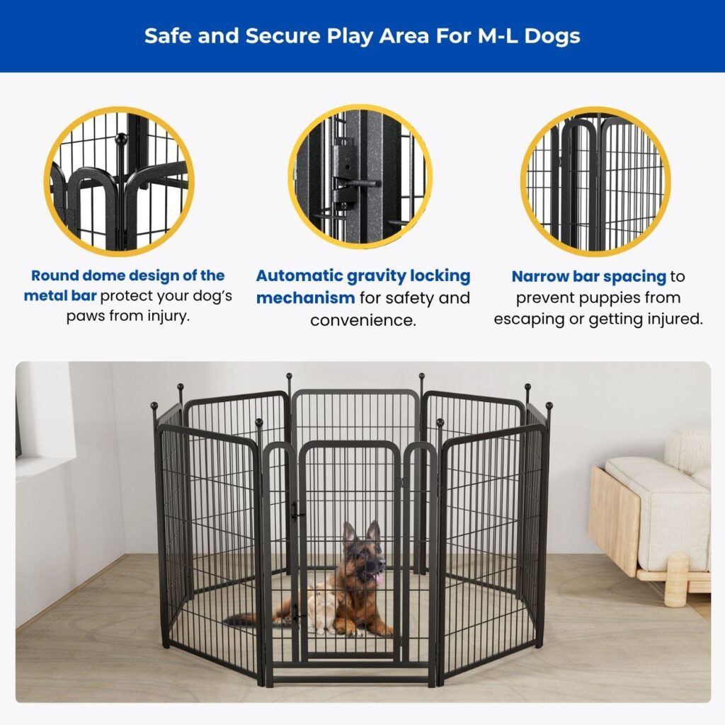 black octagonal metal dog playpen indoors with a golden retriever puppy and a Cavalier King Charles Spaniel, featuring safe rounded bars, narrow spacing, and a gravity-locking gate for medium to large dogs.