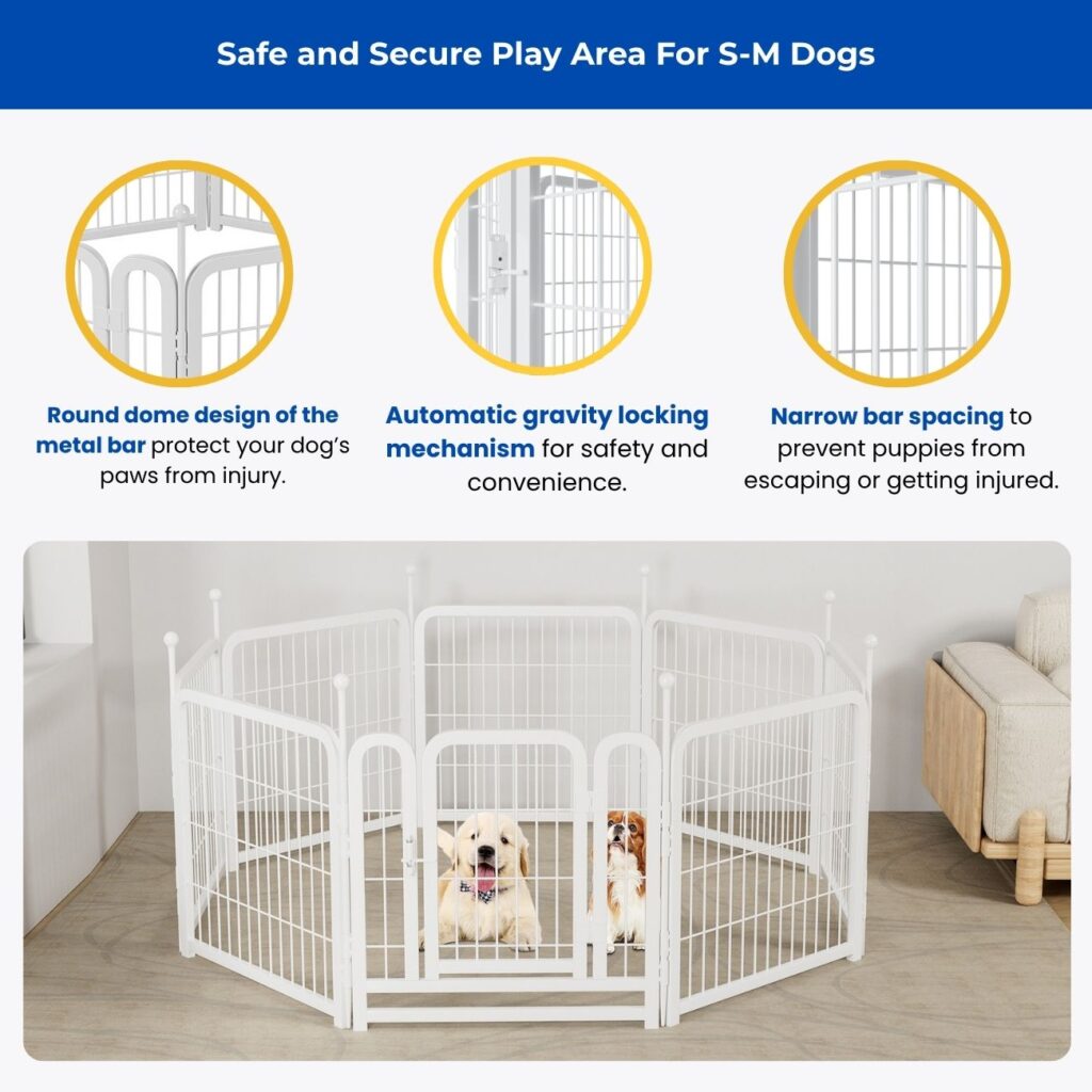 White octagonal indoor dog playpen with a golden retriever puppy and Cavalier King Charles Spaniel, featuring rounded bars, gravity-locking gate, and narrow bar spacing for safe containment.