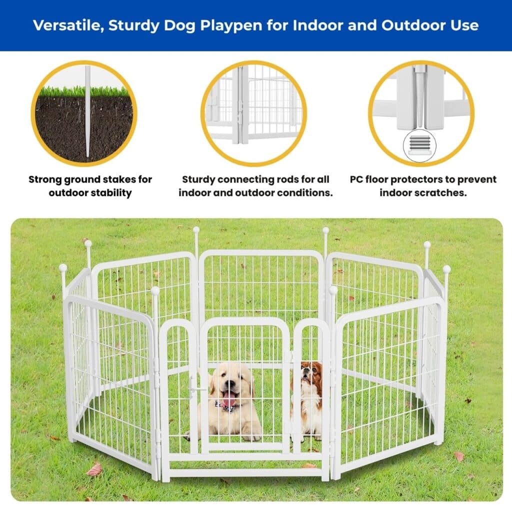 White hexagonal dog playpen outdoors with a golden retriever mix and Cavalier King Charles Spaniel, featuring ground stakes, connecting rods, and floor protectors for indoor-outdoor use.