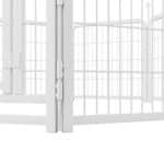 Close-up of a white dog playpen hinge joint with interlocking panels and a sturdy ground anchor, showing secure, flexible configuration design.