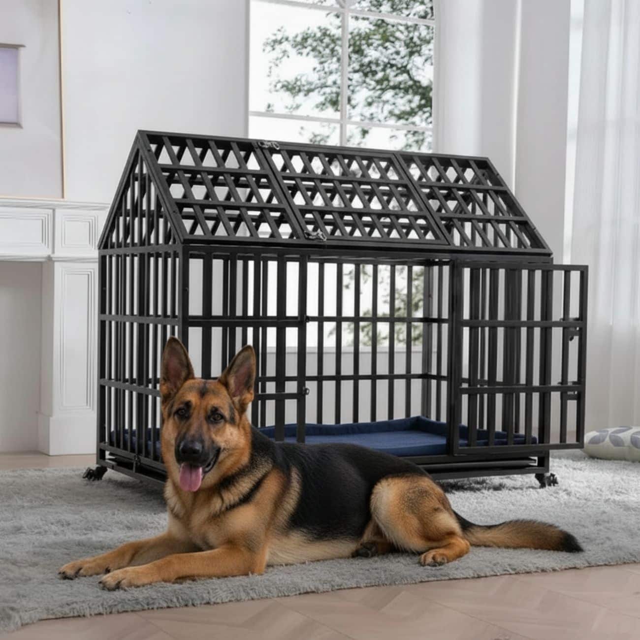 Heavy Duty Dog Crate - Indestructible Metal Kennel With Wheels & Double Doors, 33" High Anxiety Pet Cage With Removable Tray For Large Dogs - Black