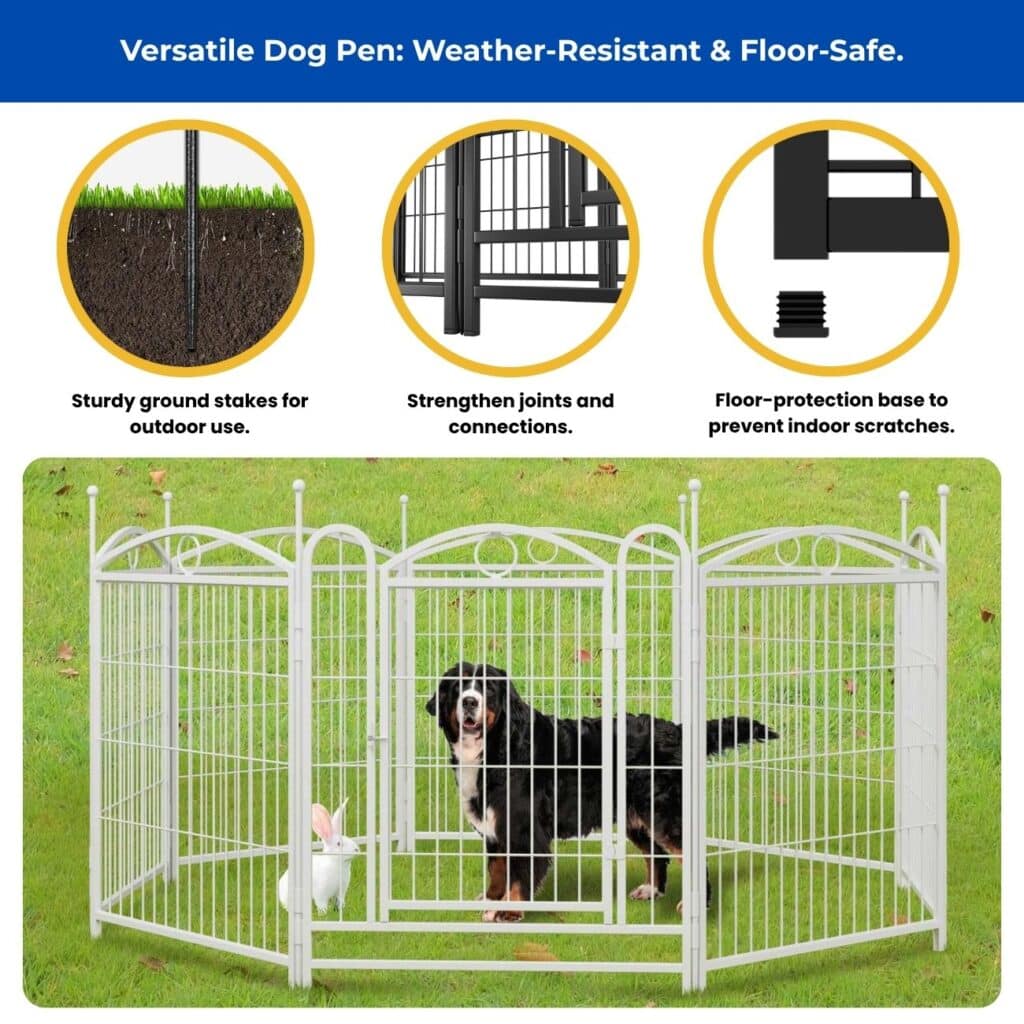 White eight-panel dog playpen with a Bernese Mountain Dog and rabbit on grass, shown with insets of ground stakes, secure joints, and floor-protection base.