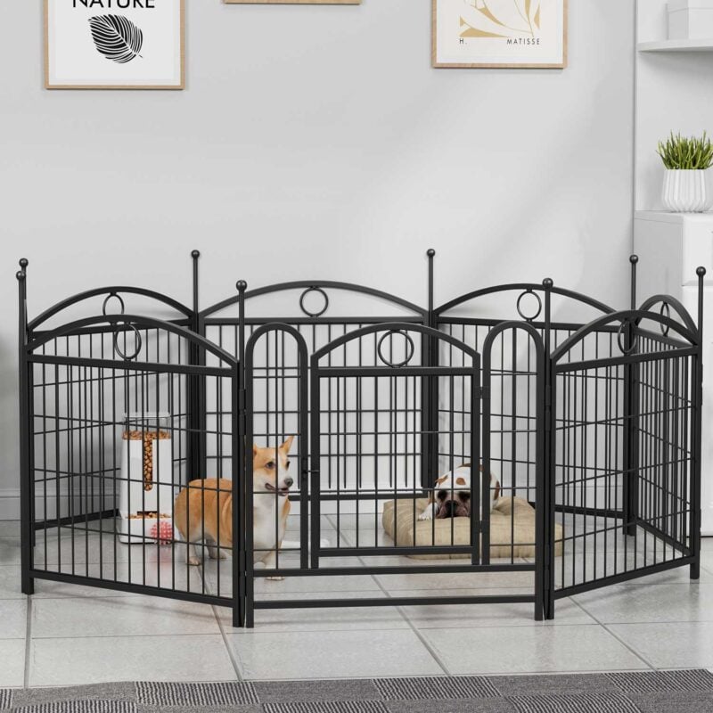 Black octagonal dog playpen with two dogs on tiled floor in a modern living room, with framed pictures, white cabinet, and potted plant.