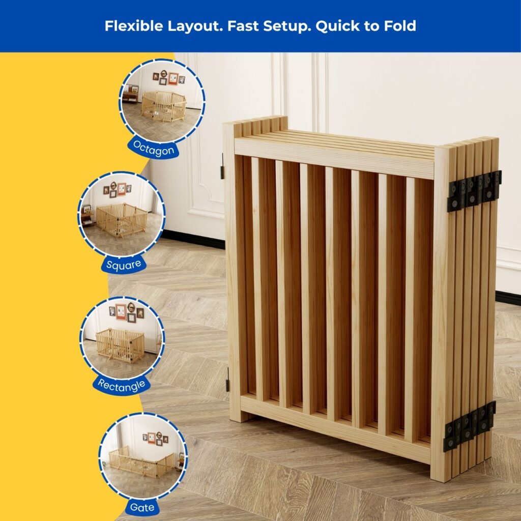 Foldable wooden dog playpen with black hinges, shown in multiple shapes and folded for storage, in a bright indoor room.