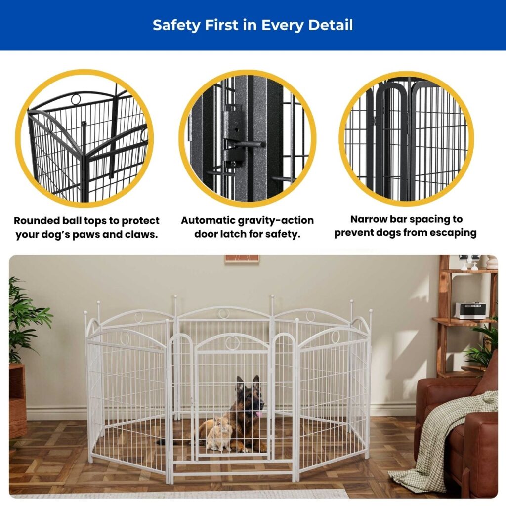 White metal dog playpen indoors with German Shepherd, shown with insets highlighting rounded tops, secure latch, and narrow bar spacing for safety.