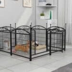 Black 8-panel dog playpen with two small dogs and a pink toy on tiled floor in a well-lit living room with shelves and large window.