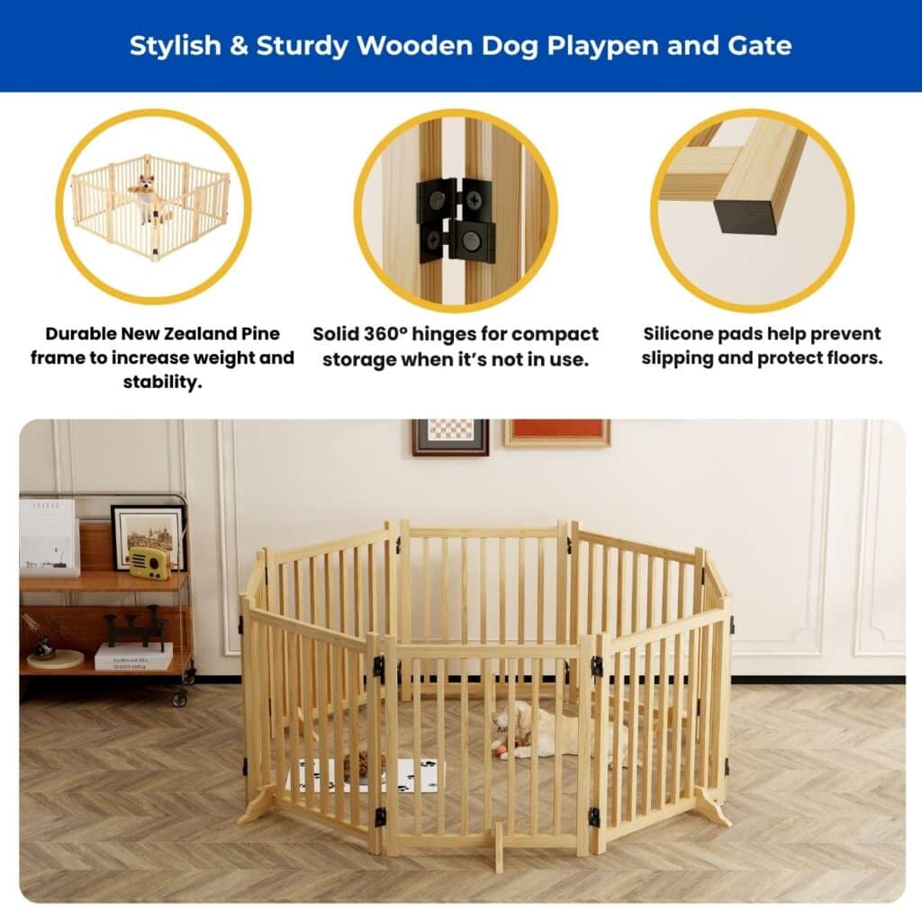 Wooden hexagonal dog playpen with New Zealand pine frame, 360° black hinges, and silicone pads, shown indoors with dog on mat.