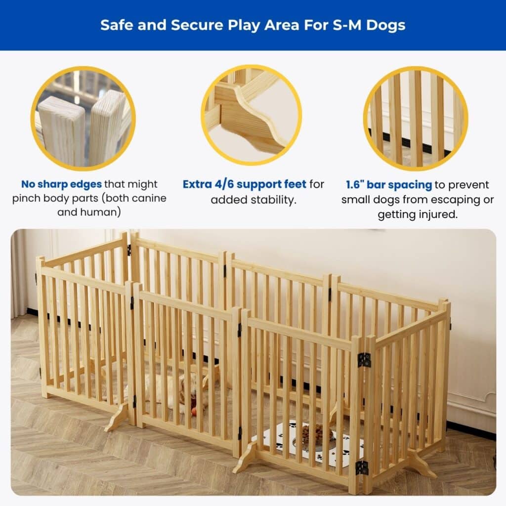 Light wood five-panel dog fence in zig-zag layout with smooth rounded edges, stable support feet, safe 1.6" bar spacing, and small dog inside.