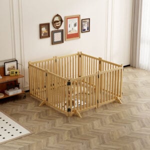 ChatGPT said: Light wood hexagonal dog playpen with vertical slats, light-colored dog on mat, in bright modern room with wall art and wooden table.