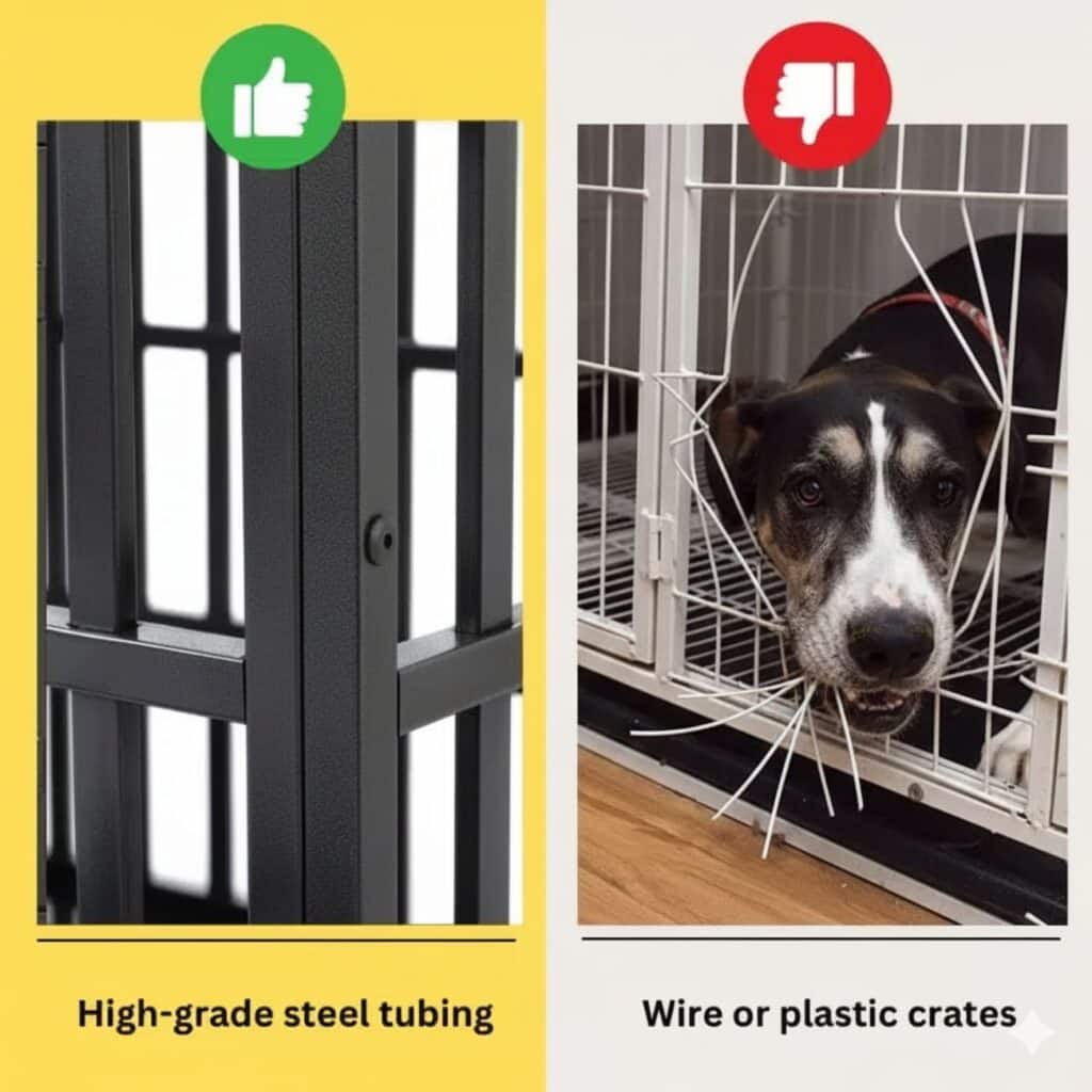 The image is split into two panels.

On the left:
• A close-up of strong dark metal bars.
• A green circle with a thumbs‑up icon above it.
• Text below reads: High‑grade steel tubing.

On the right:
• A great dane inside a white crate that has broken bars sticking out.
• A red circle with a thumbs‑down icon above it.
• Text below reads: Wire or plastic crates.