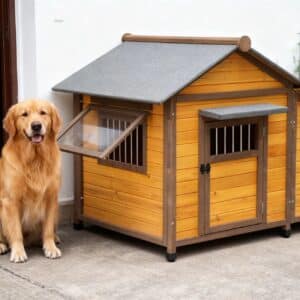 small wooden dog house outside