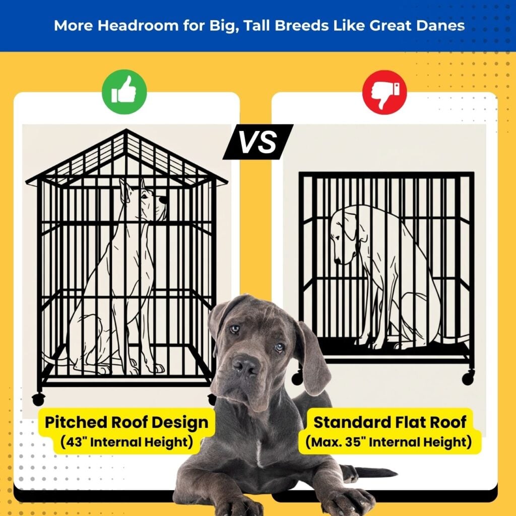 The image shows a comparison between two dog enclosures.

• On the left, there is a tall enclosure with a pitched roof. Inside it, an outline of a large dog is standing comfortably. Above it is a green thumbs‑up symbol.
• On the right, there is a shorter enclosure with a flat roof. Inside it, an outline of a large dog appears cramped. Above it is a red thumbs‑down symbol.
• A great dane puppy is sitting in front of both enclosures at the bottom center.
• The top of the design has a blue bar that says there is more headroom for big, tall breeds like Great Danes.