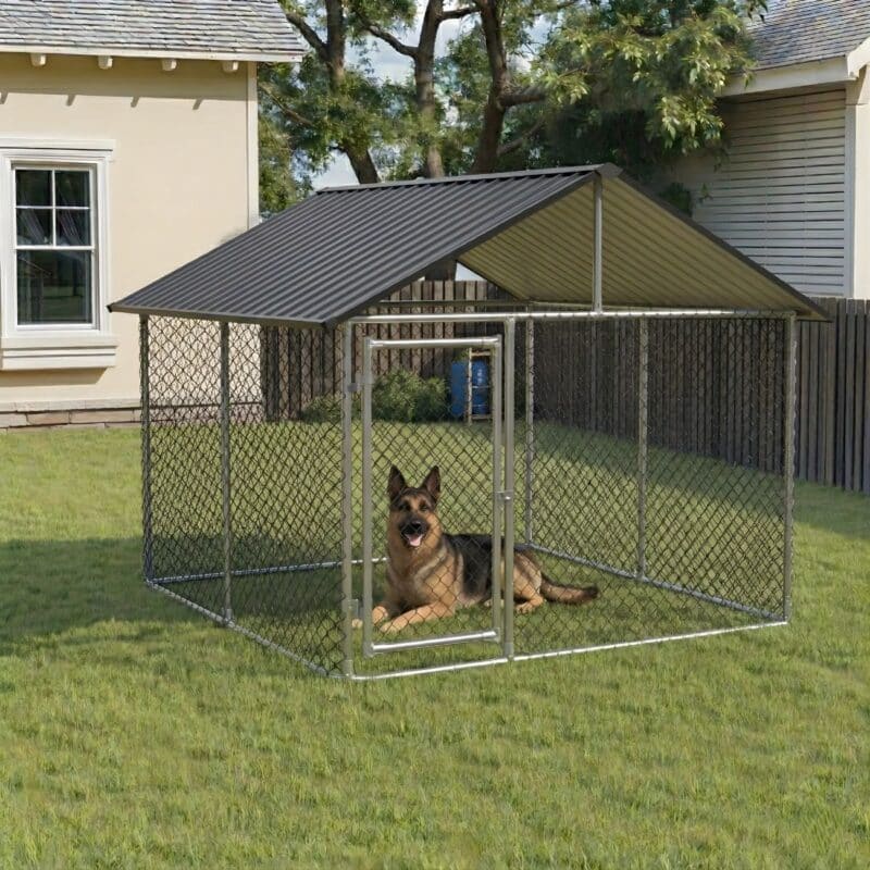 large outdoor dog kennel with roof