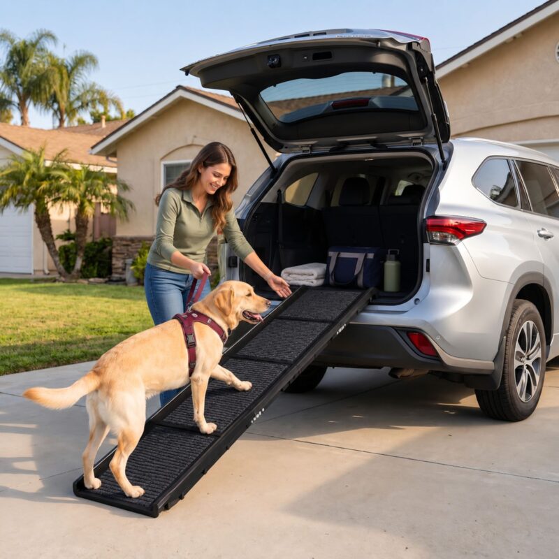 Dog car ramp with a Golden Retriever walking into an SUV cargo area beside a pet owner.